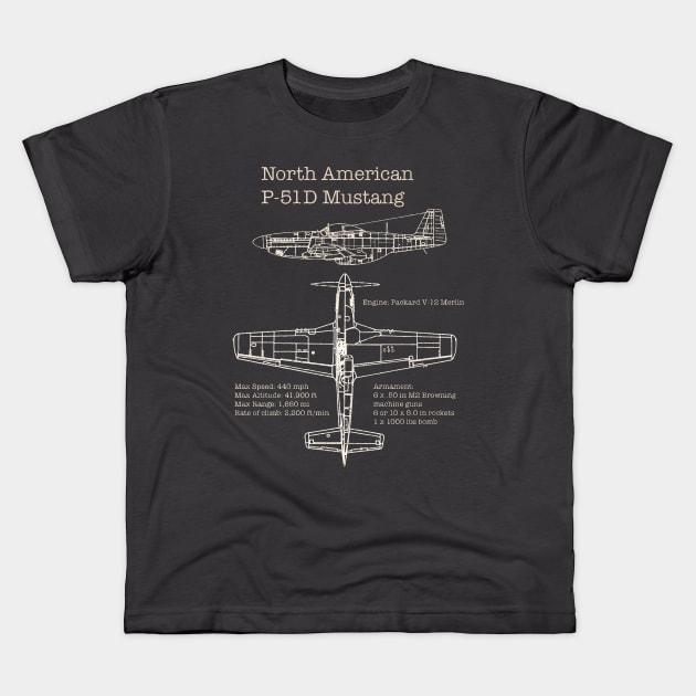 p-51 mustang blueprints Kids T-Shirt by Lamink